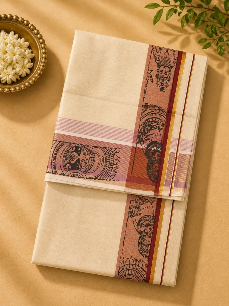 Set Saree with Marron Kara & Kadhakali design