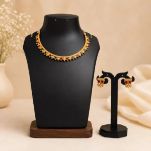Traditional Red and Green Square Stone Necklace with Earrings