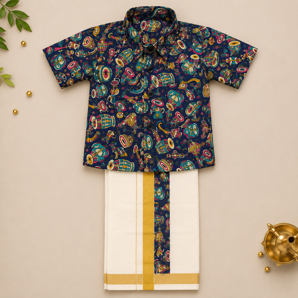 Boys’ Onam Musical Instrument Print Shirt & Mundu Set – (9 year)
