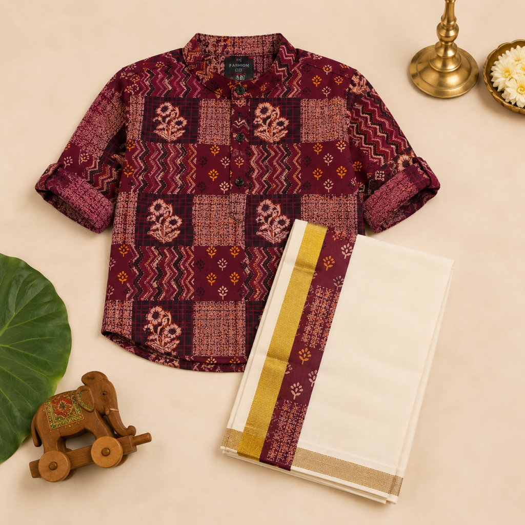 Boys’ Onam Festive Maroon Floral Print Shirt & Mundu Set – (12 year)