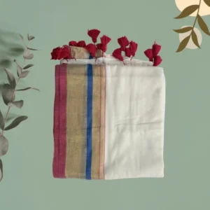 Ivory Blue-Gold Pinstripe Saree
