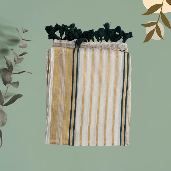 Beige Charcoal-Gold Pinstripe Saree
