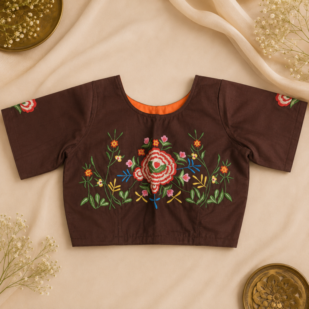 Readymade Blouse – Brown Floral Embroidered
