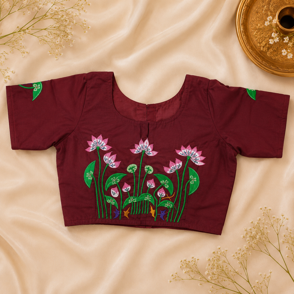 Readymade Blouse – Maroon Lotus Floral Embroidered