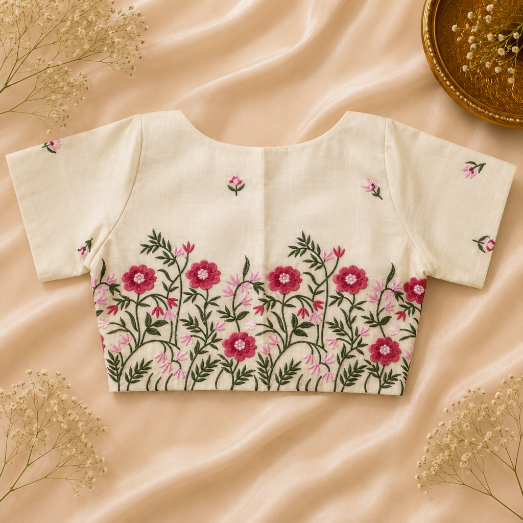 Readymade Blouse – Cream Pink Floral Embroidered