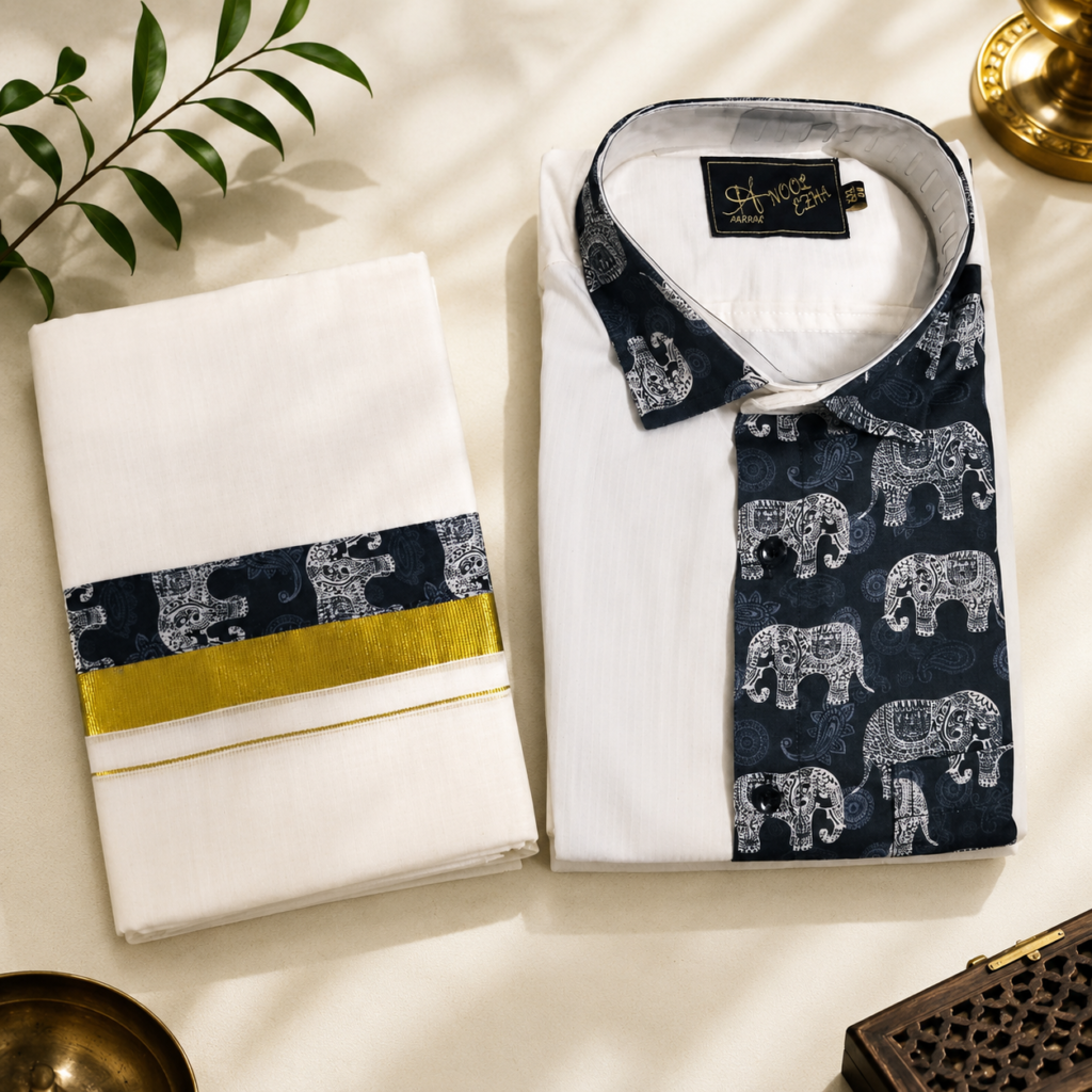 Men’s Mundu & Shirt Set – Elephant Print – Size 42