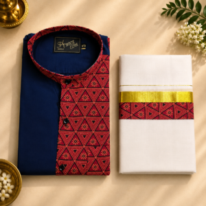 Men's Mundu & Shirt Set - Red Triangle Print - Size 40