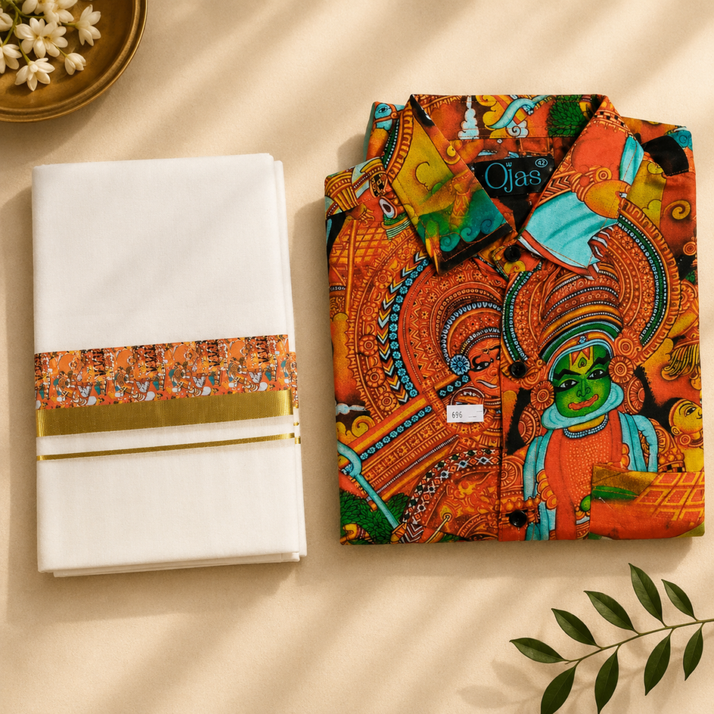 Men’s Mundu & Shirt Set – Kathakali Print Shirt – Size 44