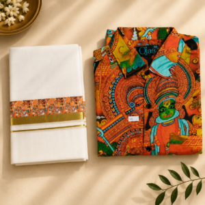 Men's Mundu & Shirt Set - Kathakali Print Shirt - Size 40